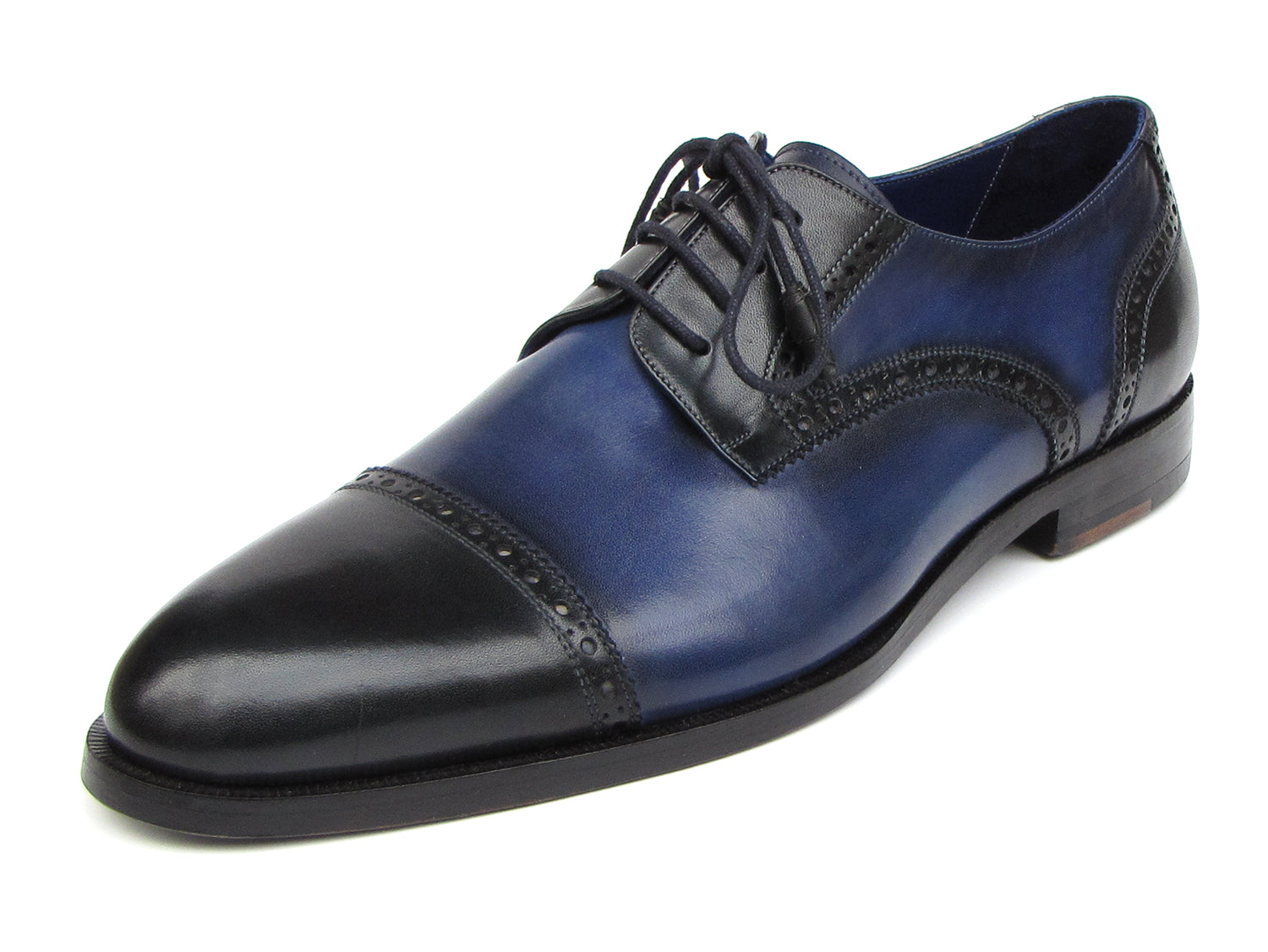 Paul Parkman Men's Parliament Blue Derby Shoes featuring hand-painted leather upper and antique burnished sole.